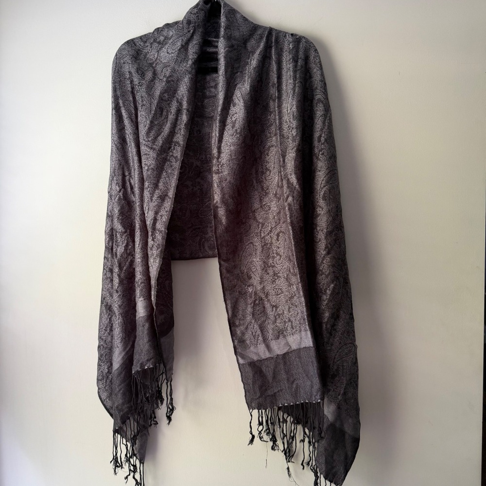 Unbranded Pashmina Wrap Women OS Charcoal Grey Paisley Fringe‎ Jacquard Shawl